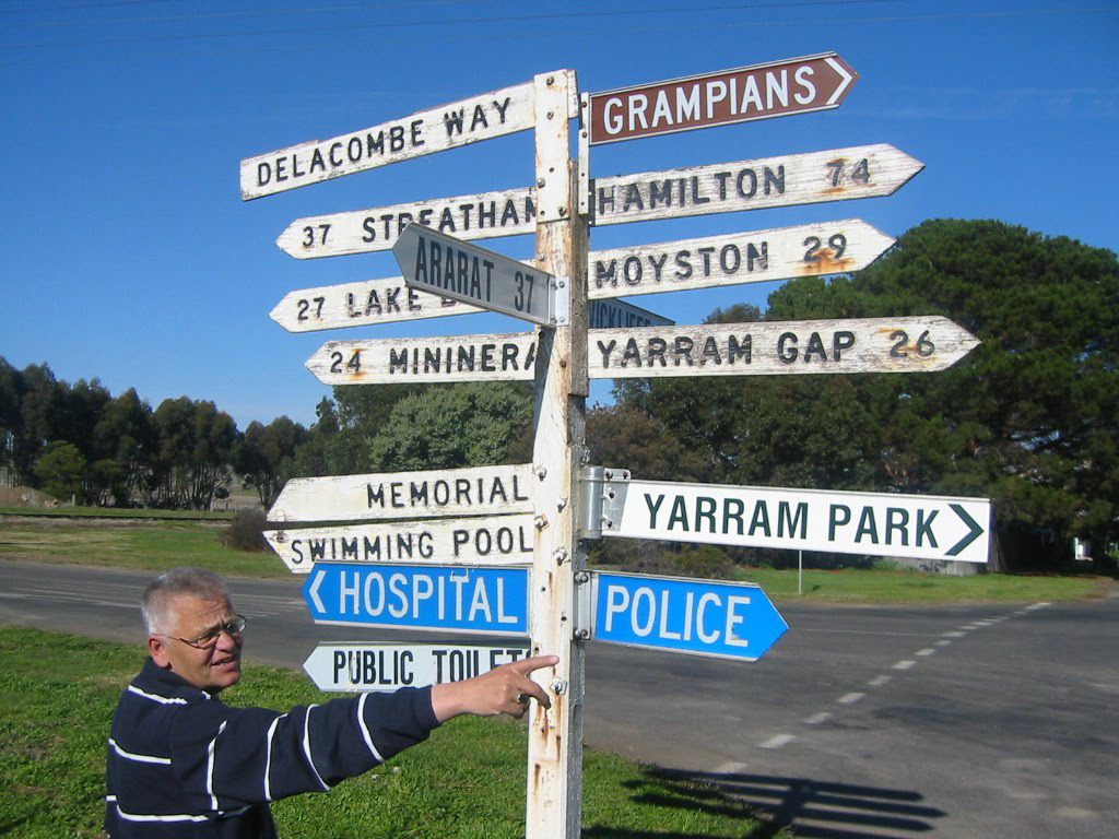 My dad standing beside a road sign at a crossroads during a visit to Australia